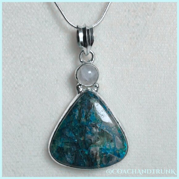 NATURAL CHRYSOCOLLA & MOONSTONE ARTISAN HANDCRAFTED PENDANT W/STERLING CHAIN - Picture 1 of 8